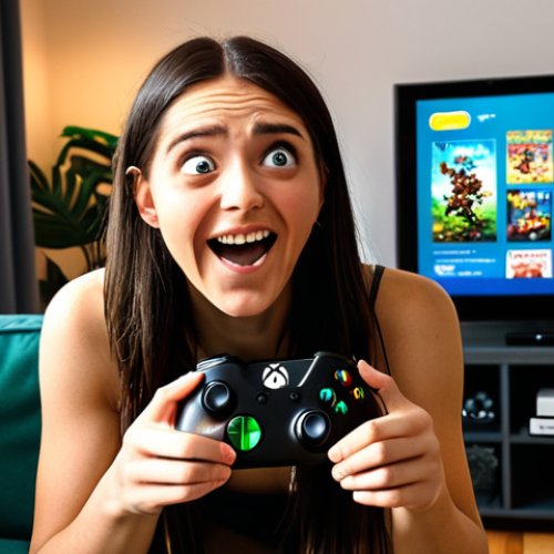 Home 6 **
A person excitedly discovering a hidden indie game gem on Xbox Game Pass on their TV, controller in hand, with a surprised and happy expression. The game on the screen should have a unique and eye-catching art style. Focus on the "eureka!" moment of finding something unexpected and amazing.
**