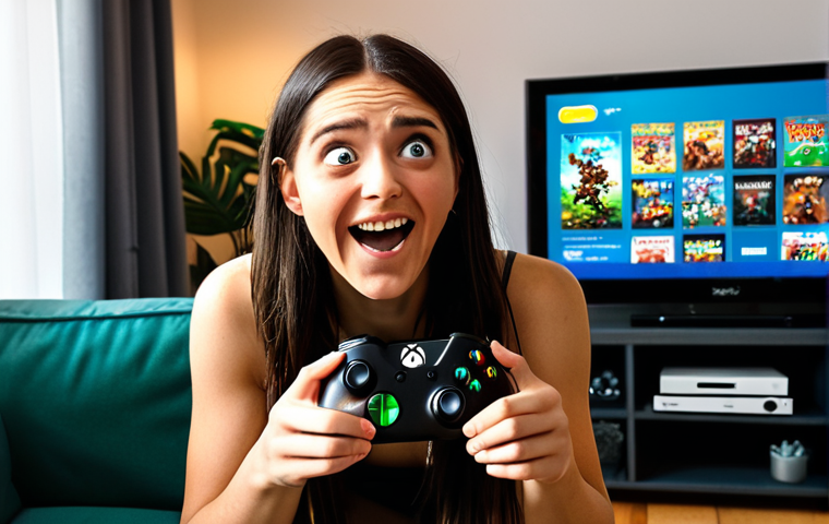 **
A person excitedly discovering a hidden indie game gem on Xbox Game Pass on their TV, controller in hand, with a surprised and happy expression. The game on the screen should have a unique and eye-catching art style. Focus on the "eureka!" moment of finding something unexpected and amazing.
**