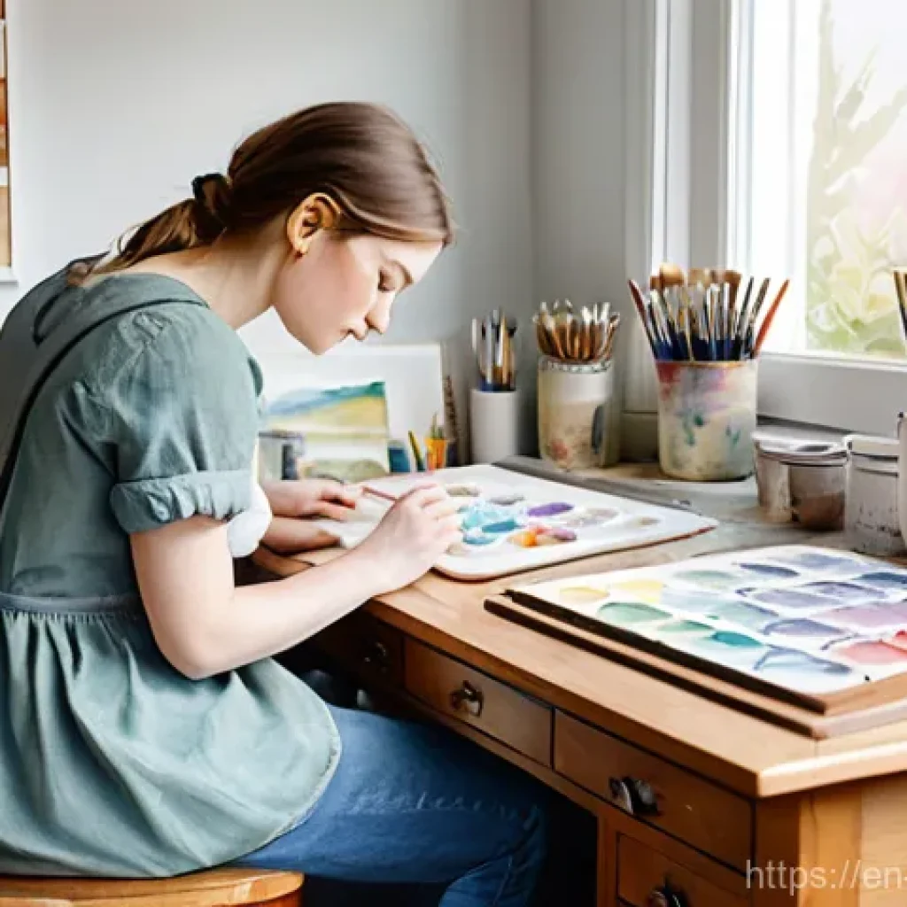 부업으로 시작할 수 있는 개인 맞춤형 상품 판매 - **Prompt 1: Creative Spark in the Studio**
A skilled female artist, in her late 20s or early 30s...