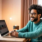 Home 8 크라우드펀딩으로 시작하는 부업 아이디어 - **Prompt 1: The Visionary Creator's Workspace**
"A vibrant, eye-level shot of a young adult, app...