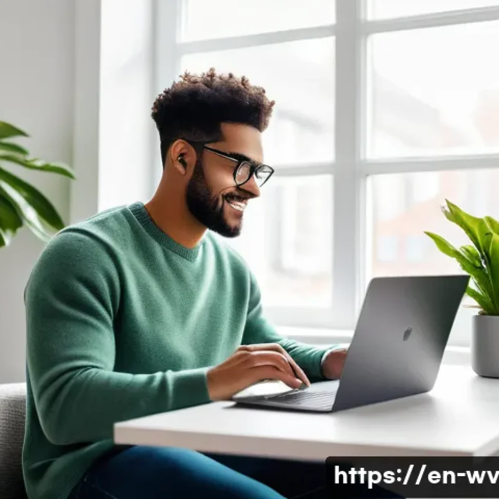 주안점을 둔 블로그 수익화 전략 - A modern, cozy home office scene featuring a young professional working on a sleek laptop surrounded...