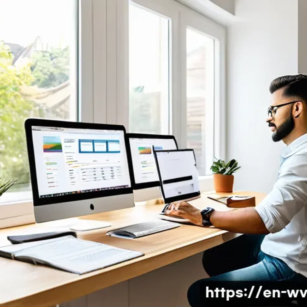 키워드 마케팅으로 부업 시작하기 - A modern home office setup with a young professional working on keyword research using multiple scre...