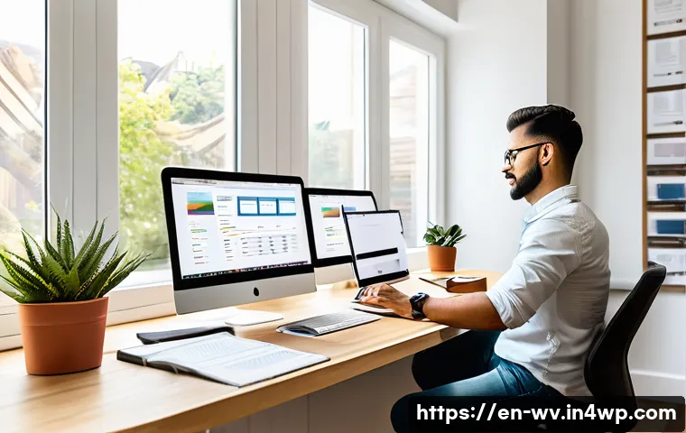 키워드 마케팅으로 부업 시작하기 - A modern home office setup with a young professional working on keyword research using multiple scre...