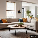 부업으로 가능한 스마트홈 솔루션 제공 - A modern smart home living room bathed in warm natural light, featuring sleek smart thermostats on t...