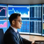 자산 관리 컨설팅으로 수익 내기 - A professional financial consultant in a modern office, analyzing multiple large digital screens dis...